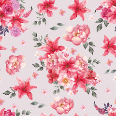 Seamless pattern with watercolor flowers and leaves in trendy color of viva magenta, isolated on colored background
