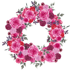 Watercolor wreath with magenta colors, pink and red flowers, isolated on white background
