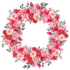 Watercolor wreath with magenta colors, pink and red flowers, isolated on white background