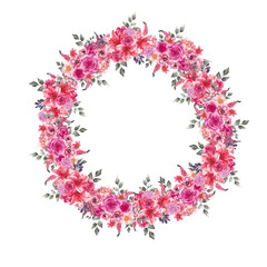 Watercolor wreath with magenta colors, pink and red flowers, isolated on white background