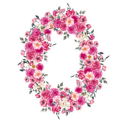 Watercolor wreath with magenta colors, pink and red flowers, isolated on white background