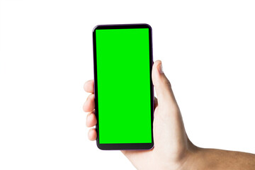 Hand holding smartphone with green screen. Mobile phone with chroma key. smartphone concept. app concept.
