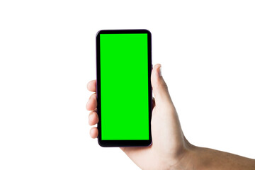 Hand holding smartphone with green screen. Mobile phone with chroma key. smartphone concept. app concept.