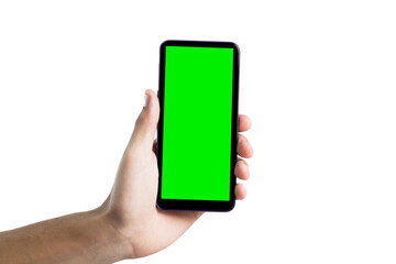 Hand holding smartphone with green screen. Mobile phone with chroma key. smartphone concept. app concept.