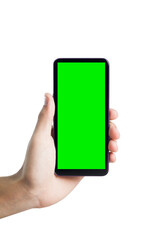 Hand holding smartphone with green screen. Mobile phone with chroma key. smartphone concept. app concept.