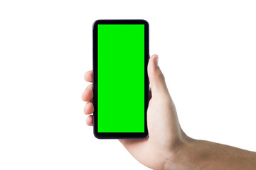 Hand holding smartphone with green screen. Mobile phone with chroma key. smartphone concept. app concept.