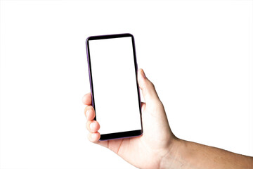 Hand holding smartphone on white background. Mobile phone with transparency screen. smartphone concept. app concept.