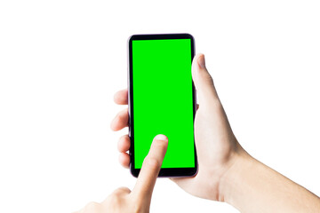 Obraz na płótnie Canvas Hand holding smartphone with green screen. Mobile phone with chroma key. smartphone concept. app concept.