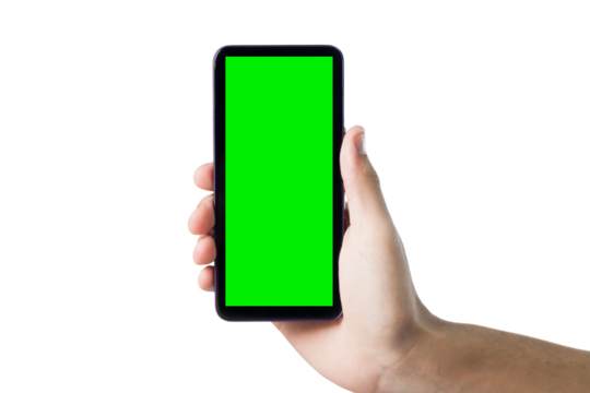 Hand holding smartphone with green screen. Mobile phone with chroma key. smartphone concept. app concept.