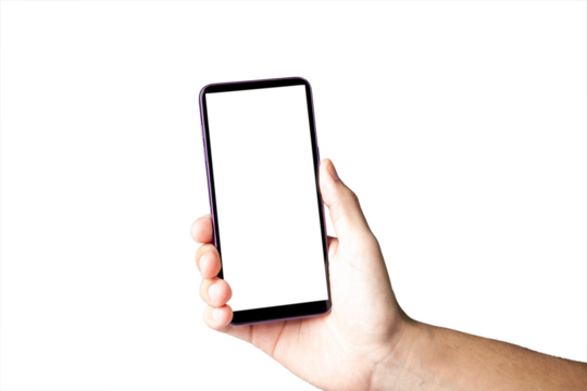 Hand holding smartphone on white background. Mobile phone with transparency screen. smartphone concept. app concept. - Powered by Adobe