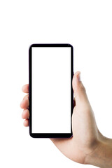 Hand holding smartphone on white background. Mobile phone with transparency screen. smartphone concept. app concept.