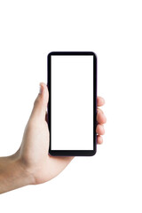 Hand holding smartphone on white background. Mobile phone with transparency screen. smartphone concept. app concept.