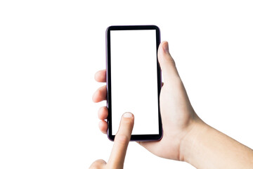 Hand holding smartphone on white background. Mobile phone with transparency screen. smartphone concept. app concept.