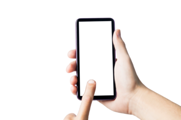 Hand holding smartphone on white background. Mobile phone with transparency screen. smartphone concept. app concept.