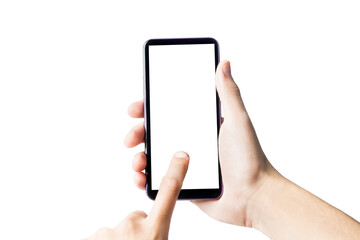 Hand holding smartphone on white background. Mobile phone with transparency screen. smartphone concept. app concept.