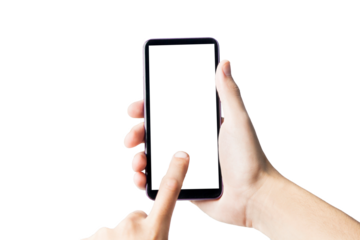Hand holding smartphone on white background. Mobile phone with transparency screen. smartphone concept. app concept.