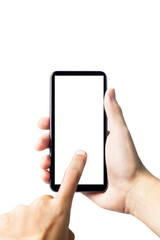 Hand holding smartphone on white background. Mobile phone with transparency screen. smartphone concept. app concept.