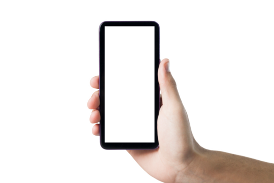 Hand holding smartphone on white background. Mobile phone with transparency screen. smartphone concept. app concept.