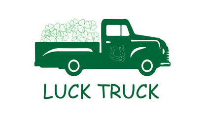 Green vintage pickup. St. Patrick’s day retro truck delivers shamrocks.   Template for banner, poster, flyer, postcard