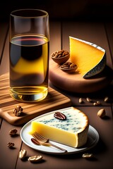 Still life with a glass of wine and cheese on a wooden table