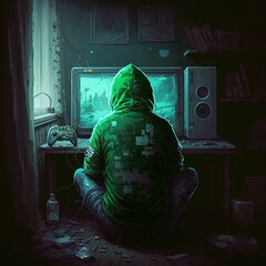 Lonely gamer, alone in room playing games. Gaming addiction concept. Generative AI