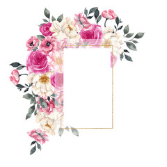 Watercolor floral frames with pink and red flowers. Trendy color viva magenta. Color of the year. Isolated on white background