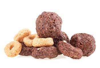 Cereals breakfast  - pile of corn rings and balls isolated on white background.