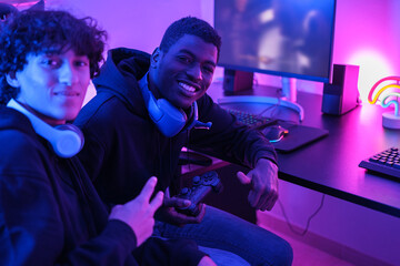 Two gamer friends together playing video games as a team and posing for the photo. Concept: Video...
