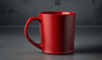  a red coffee cup sitting on top of a table next to a black wall and a black floor with a white spot on the bottom of the cup.  generative ai