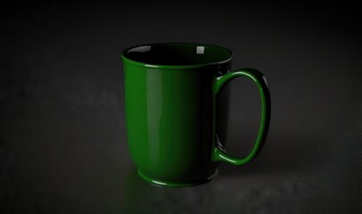  a green coffee mug sitting on top of a black table next to a black wall and a black floor with a white spot on it.  generative ai