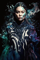 Expressive and artistic asian female portrait, unreal liquid paint dress with black background, generative ai, artistic woman