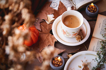 Vintage halloween coffee and books 
