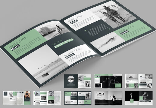Square Photography Portfolio Layout with Green Accents