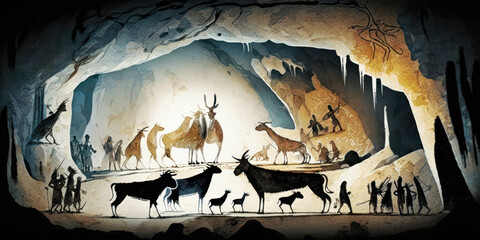 Ancient cave painting depicting various ice age animals and human figures. Prehistoric cavemen art on the walls of a cavern. Ancestral drawings on walls. generative ai