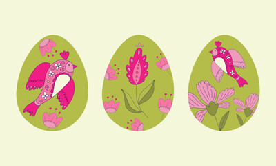 Happy Easter.Set of Easter eggs with birds and flowers on a white background.Spring holiday.