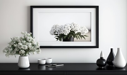  a picture of a vase with flowers on a table with other vases and a vase of flowers on a table next to a framed photograph.  generative ai