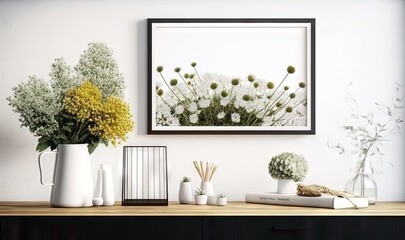  a picture of flowers and plants on a table in a room with a framed picture on the wall above it and a book on the table.  generative ai
