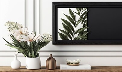  a picture of some flowers and a bottle on a table with a picture of a plant in the background and a vase with flowers in front of it.  generative ai