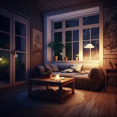 rustic styled living room interior design illustration at night