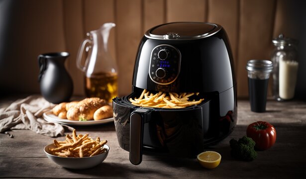 Illustration einer Hei&szlig;luftfritteuse mit frischen Pommes in der K&uuml;che zubereitet. Airfry Fritten ohne Fett. Hintergrundbild zur Pommes Zubereitung mit Fritteuse