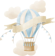 Watercolor hot Air Balloon with clouds and space for text. Hand drawn Baby illustration of vintage aircraft in pastel colors on isolated background. Cute drawing for newborn shower or kid birthday © Alisles