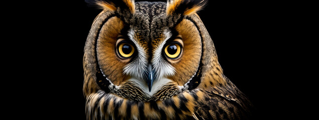 Close up of an owl. Long eared owl on black background with yellow eye.  Image created with generative ai.
