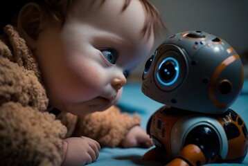 Baby lernt spielend mit einer niedlichen, künstlichen Intelligenz als Roboter. Schlauer KI Spielzeugroboter beschäftigt das Baby - Babysitter Unterstützung im Alltag als Lernroboter - KI generiert - obrazy, fototapety, plakaty