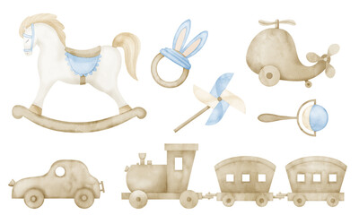 Baby wooden Toys watercolor set in cute Pastel blue and beige colors. Hand drawn illustration with vintage Rocking Horse and train. Drawing of cars and helicopter for newborn shower or birthday party © Alisles