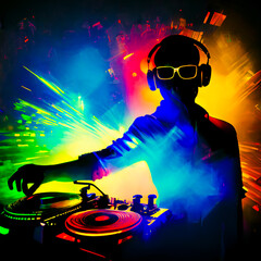 DJ withheadphones playing music in a club with lights behind