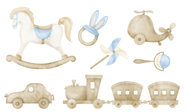 Baby wooden Toys watercolor set in cute Pastel blue and beige colors. Hand drawn illustration with vintage Rocking Horse and train. Drawing of cars and helicopter for newborn shower or birthday party