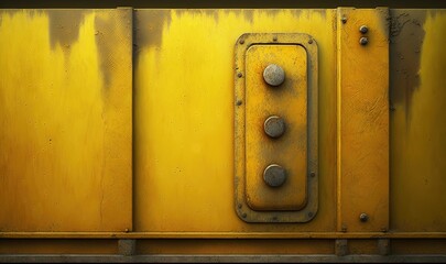  a close up of a yellow metal door with rivets and knobs on the front of it, with a black background and white border.  generative ai