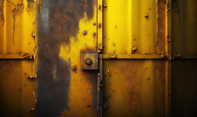  a close up of a metal door with yellow paint and rivets on the side of the door and the door handle is missing.  generative ai