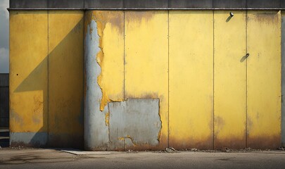  a yellow building with a broken door and a bench in front of it with a blue sky in the background and a person walking past it.  generative ai