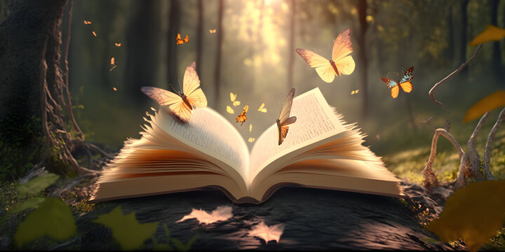 Book. Book with imaginary word. Book with smoke. Magic Book With Open Pages. Book isolated on dark background. Aged book of magic open emitting magical sparks and smoke. Ai generative